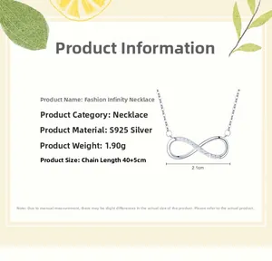 Detail view of S925 silver infinity necklace with dimensions and weight 1.90g