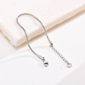 Polished silver stainless steel snake chain bracelet with round tag and lobster clasp