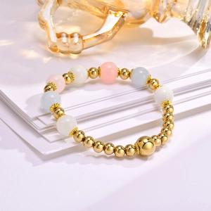 Elegant gold stainless steel beaded bracelet with pink and blue natural stones