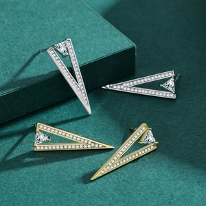 Elegant S925 silver triangle stud earrings with sparkling cubic zirconia on green background