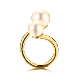 3mm titanium steel gold open ring for women featuring two white pearls on white background