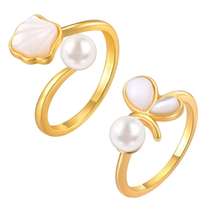 Elegant gold-plated open adjustable shell ring with pearl and butterfly motifs