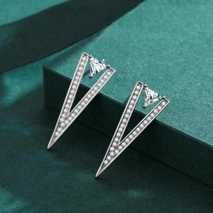 S925 silver inverted triangle stud earrings with shimmering cubic zirconia stones