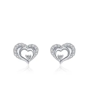 Elegant 925 Sterling Silver Hollow Heart Stud Earrings For Women Double Heart Shape Zirconia Inlaid Fashion Jewelry Gift