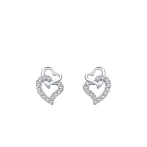 S925 Sterling Silver Heart Stud Earrings For Women Minimalist Double Heart Zirconia Inlay Sweet Elegant Daily Jewelry