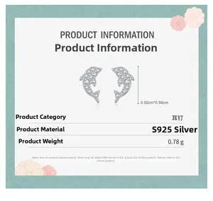 Detailed size specifications for S925 sterling silver dolphin stud earrings with zircons