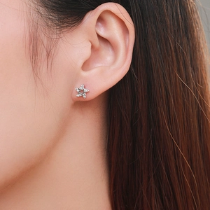 Elegant S925 sterling silver star stud earrings with micro-set zircon on model's ear