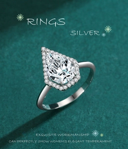 Détail macro d'une bague halo en forme de poire avec diamant goutte et argent s925