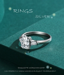 Macro shot of S925 sterling silver ring with emerald-cut white zircon and side stones