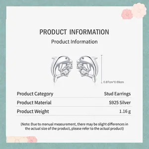 Boucles d'oreilles dauphin en argent S925 avec zircone, taille 0,87 cm x 0,69 cm