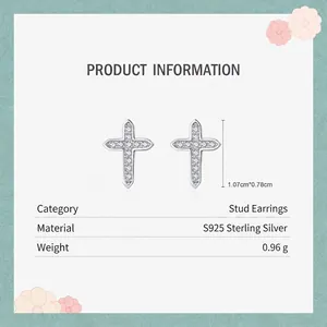 Boucles d'oreilles clous croix en argent sterling S925 avec zircons pour femmes
