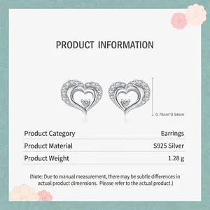 S925 sterling silver hollow heart stud earrings with zircon stones and product dimensions