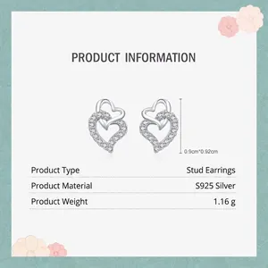 S925 sterling silver heart stud earrings with sparkling cubic zirconia pavé design