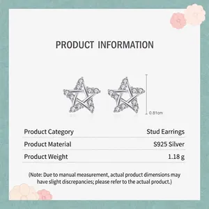 S925 sterling silver star stud earrings with zirconia stones, size 0.81cm and weight 1.18g
