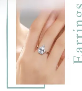Détail d'une bague en argent s925 avec zircon cubique poire et entourage de diamants