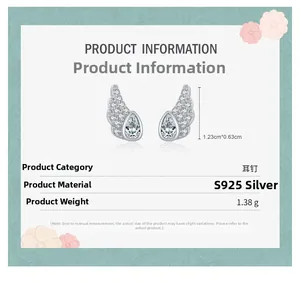 Macro shot of S925 sterling silver wing earrings with cubic zirconia stones and measurements