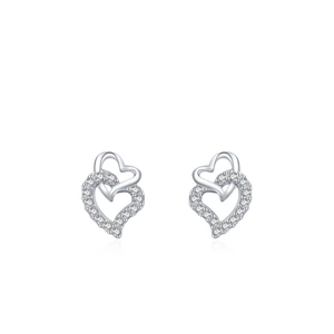 Elegant S925 sterling silver interlocking heart stud earrings with cubic zirconia pavé