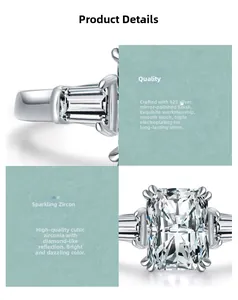 Detail of 925 sterling silver ring with emerald-cut cubic zirconia and polished plating