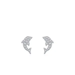 S925 Sterling Silver Dolphin Stud Earrings Rhinestone Inlaid Tiny Animal Shape Earrings For Women Girl Fine Jewelry Gift