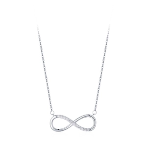 S925 sterling silver infinity pendant necklace with sparkling cubic zirconia on white background