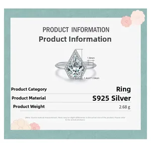 Vue détaillée de la bague en argent S925 taille poire avec dimensions du produit