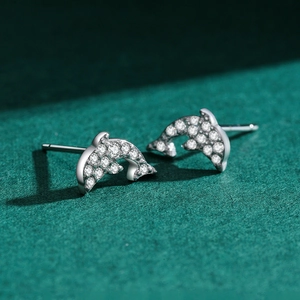 Sparkling S925 sterling silver dolphin stud earrings with cubic zirconia micro-pave stones