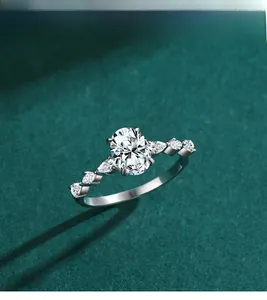 Macro close-up of oval cut cubic zirconia center stone set in 925 sterling silver ring