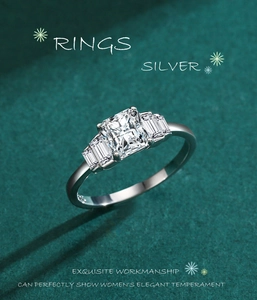 Detail of s925 silver ring with large rectangular zircon on deep green background