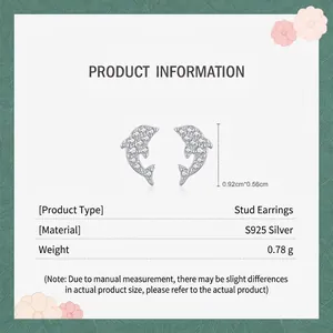 S925 sterling silver dolphin stud earrings with zircon inlay, 0.92cm height jewelry