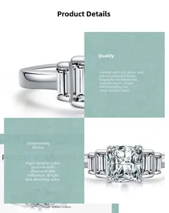 Detailed close-up of radiant cut cubic zirconia ring showing 925 silver and plating