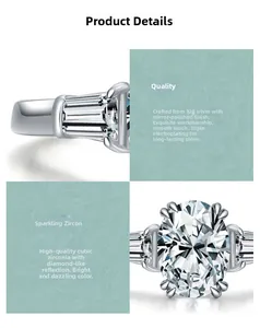 Detail of 925 sterling silver ring featuring oval and baguette cut cubic zirconia stones