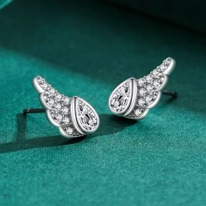 Elegant S925 sterling silver angel wing stud earrings with pear-cut cubic zirconia