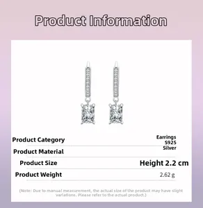 Detail of S925 sterling silver earrings featuring rectangular cut simulated diamonds