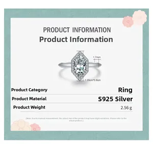 Détail macro de la bague en argent S925 avec diamant marquise et dimensions pesant 2,56g
