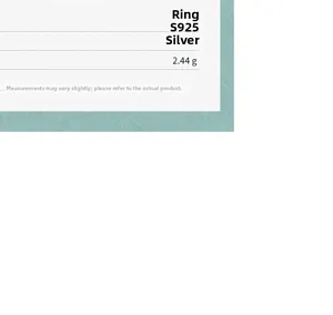 Specifications for S925 sterling silver ring showing material details and 2.44g weight