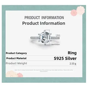 Info dettagliate sull'anello in argento S925 con diamante esagonale e dimensioni