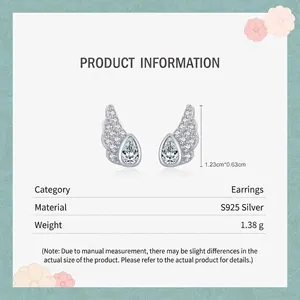 S925 sterling silver angel wing stud earrings with cubic zirconia and size specifications