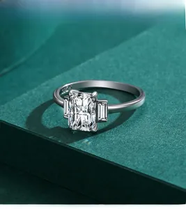 Detailed close-up of S925 sterling silver ring featuring a rectangular cut diamond