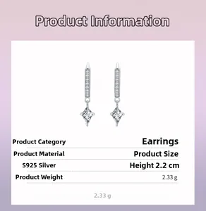 Detail view of S925 sterling silver rhombus drop earrings with dimensions and weight info