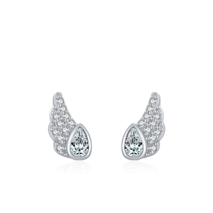 Elegant S925 sterling silver angel wing earrings with cubic zirconia and pear-cut stones