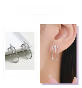 Detail view of S925 sterling silver geometric earrings with micro-inlaid zircon stones