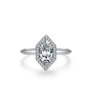 Bague Halo en Argent Sterling 925 avec Zirconia Taille Marquise pour Femme Forme Hexagonale Fiançailles Mariage Bijoux de Mode