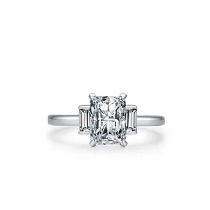 Luxury 925 Sterling Silver Rectangle Zirconia Ring Elegant Three-Stone Geometric Inlaid Ring For Women Wedding Party Jewelry
