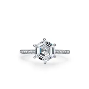 Anello in Argento Sterling 925 con Zirconia Esagonale per Donna Lusso Geometrico Intarsiato Matrimonio Gioielli Moda