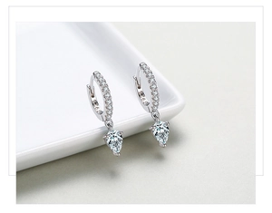 Detailed view of S925 silver teardrop earrings with shimmering pear-cut cubic zirconia stones