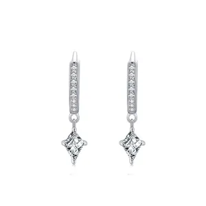 925 Sterling Silver Rhombus Drop Hoop Earrings For Women Luxury Pave Rhinestone Geometric Dangle Earrings Wedding Jewelry Gift