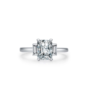 Elegant s925 silver radiant cut three-stone diamond ring with tapered side stones
