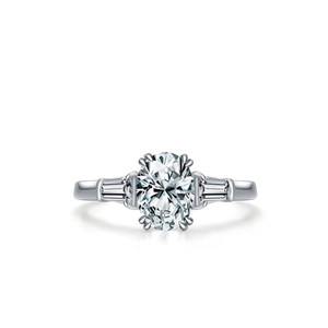 S925 sterling silver oval-cut diamond ring with side stones for engagement and wedding