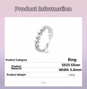 Detailed specs of S925 silver leaf ring showing 3.8mm width and 1.48g weight