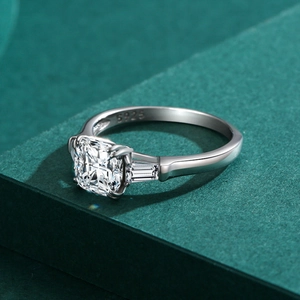 Classic S925 sterling silver cushion cut cubic zirconia ring with side stones